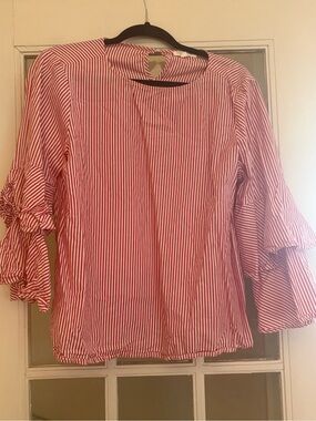 Red Striped Ruffle Sleeve Women's Top